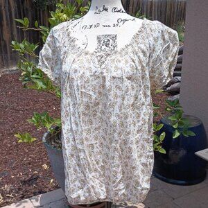 Cotton Peasant Top Blouse Hippie Gypsy L Paisley Smocked Neckline Hem Airy